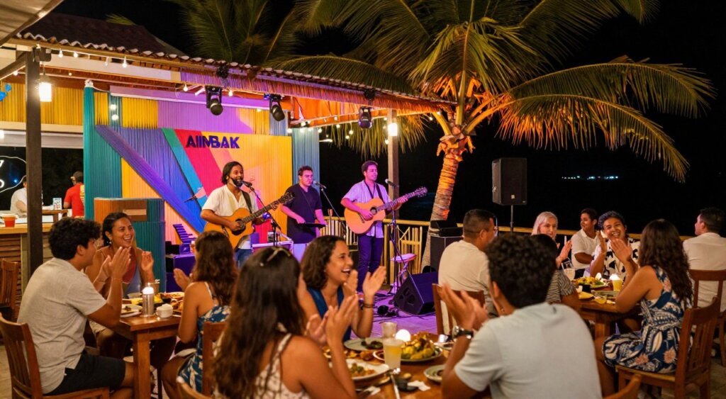 A vibrant live music scene in a bustling restaurant on Gili Air during nighttime. In the foreground, a diverse group of people enjoying their meals at wooden tables, some laughing and others clapping to the rhythm of a local band playing on a small stage. Brightly colored decorations and soft fairy lights create an inviting atmosphere. The middle ground features musicians passionately performing, with acoustic guitars, a microphone, and a colorful backdrop. The background is filled with palm trees swaying gently, illuminated by soft orange and purple lighting that enhances the nightlife ambiance. Capture the lively yet relaxed mood, evoking the essence of dining and entertainment in a tropical paradise. Use a wide-angle lens for depth, emphasizing the energetic interaction between diners and performers.