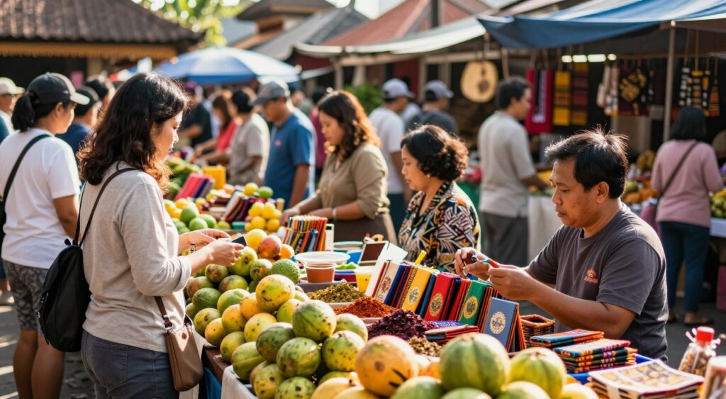 A vibrant local market in Bali bustling with activity, showcasing a variety of colorful stalls filled with fresh tropical fruits, artisanal crafts, and spices. In the foreground, an expat shopper, dressed in modest casual clothing, is interacting with a friendly local vendor, who is displaying handmade goods. The middle ground features more marketgoers, diverse in appearance and attire, browsing the stalls with a backdrop of traditional Balinese architecture. The atmosphere is lively and inviting, illuminated by warm, natural sunlight casting soft shadows. Capture the scene with a shallow depth of field, focusing on the interactions and textures, while the background blurs into a kaleidoscope of colors, evoking a sense of cultural richness and community spirit.