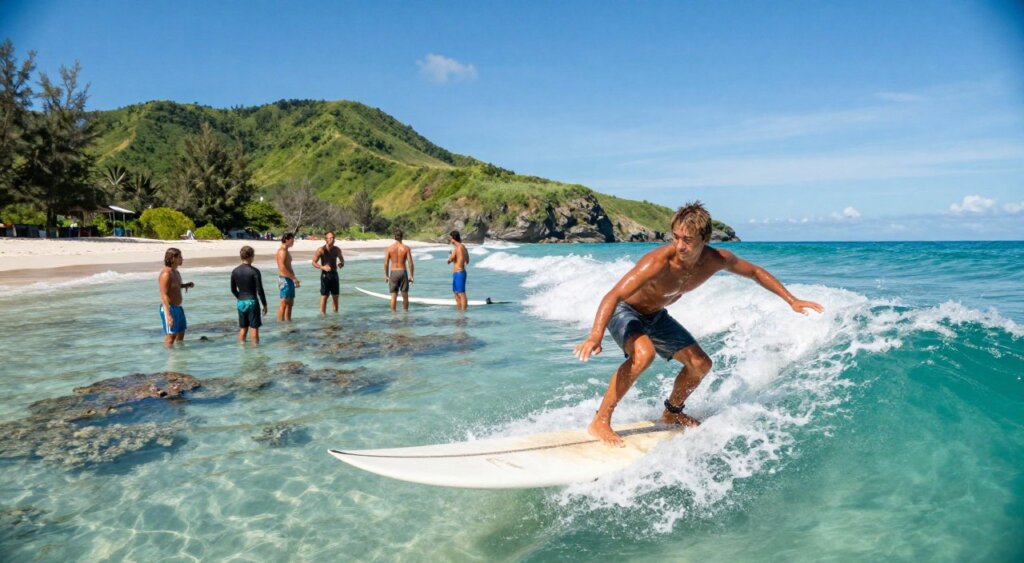 A vibrant marine conservation scene on a stunning Lombok beach, showcasing surfers in modest swimwear, riding turquoise waves under a bright blue sky. In the foreground, a surfer expertly maneuvers on a wave, their focused expression highlighted by the sun's rays. In the middle ground, a small group of surfers discuss marine preservation, surrounded by coral reefs visible beneath the crystal-clear water. In the background, lush green hills rise dramatically, contrasting with the serene ocean. The image is captured in soft, natural lighting to evoke a warm, inviting atmosphere, with a slight fish-eye lens effect to enhance the sense of depth. Overall, the composition embodies the harmony between surfing and environmental stewardship in Lombok.