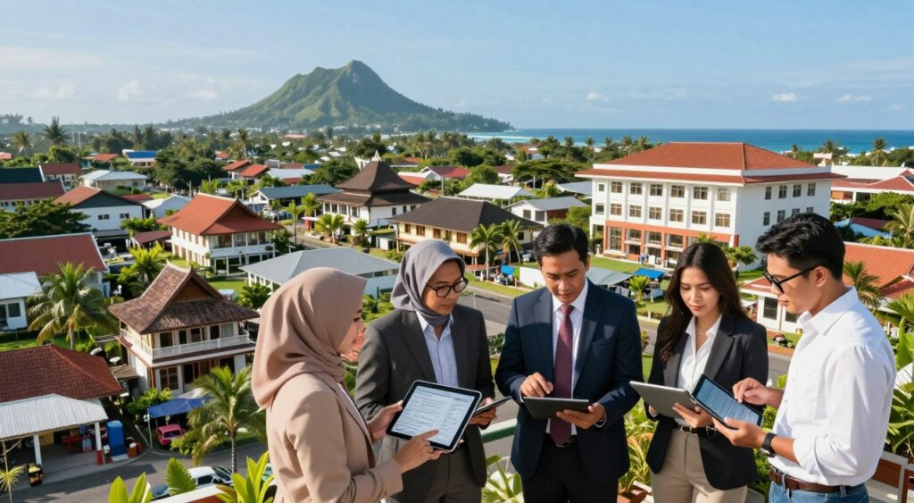 A vibrant market analysis scene showcasing the Lombok real estate landscape. In the foreground, a diverse group of professionals in smart business attire examine property data on digital tablets, engaged in discussion. The middle ground displays various styles of Lombok properties, highlighting traditional and modern architecture, framed by lush tropical greenery. In the background, the stunning silhouette of the Lombok coastline under a clear blue sky enhances the visual appeal. Soft sunlight casts natural shadows, creating an inviting atmosphere. The composition focuses on clarity and realism, with a slight aerial perspective to capture the expanse of the properties being analyzed, embodying a professional and informative mood suited for a real estate analysis.