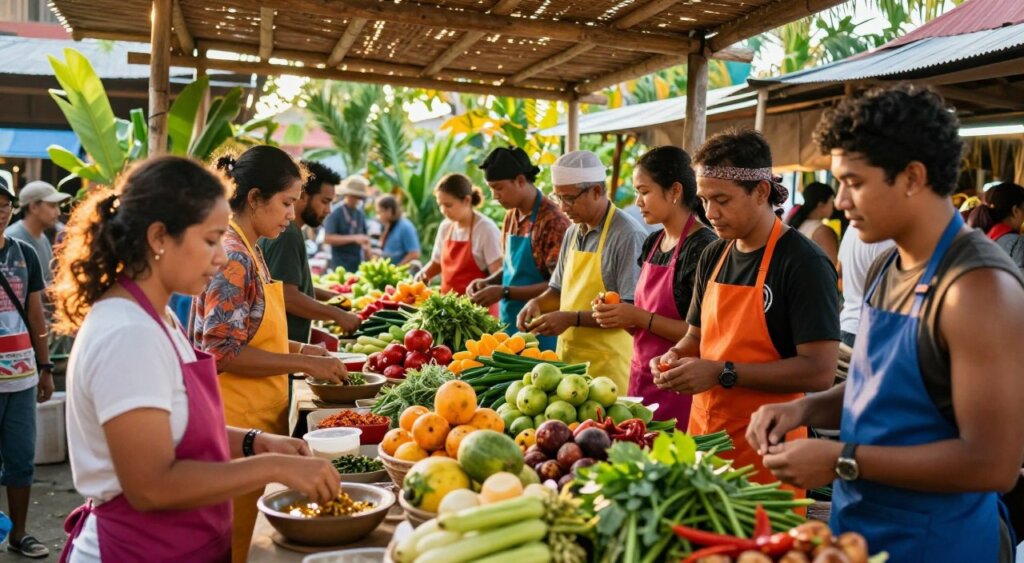 A vibrant market scene in Seminyak showcasing a hands-on culinary experience. In the foreground, a diverse group of enthusiastic participants, dressed in colorful aprons, are engaging with local vendors, selecting fresh ingredients like tropical fruits, aromatic herbs, and spices. The middle ground features a busy market stall, adorned with an array of colorful produce, under a rustic bamboo canopy. In the background, lush tropical plants and the warm glow of Bali’s sun create an inviting atmosphere. The composition captures the essence of a lively cooking class, emphasizing community and cultural exchange. The lighting is warm and natural, highlighting the vibrant colors of the ingredients. The image conveys a sense of joy and discovery, reflecting a unique culinary adventure in Seminyak.