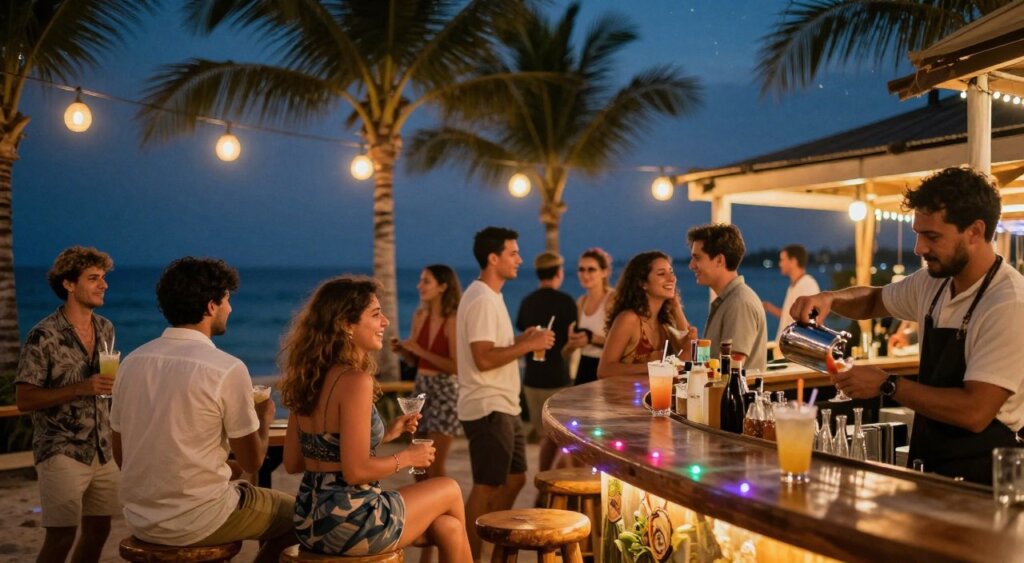 A vibrant nightlife scene at a Gili Islands bar, filled with patrons enjoying evening drinks and laughter. In the foreground, a cozy bar with rustic wooden stools and colorful string lights, showcasing a bartender pouring a cocktail. In the middle, groups of diverse people in modest casual clothing, chatting and mingling, with some dancing to lively music. The background features palm trees swaying gently in the warm night breeze, under a starry sky illuminated by soft glowing lanterns. The atmosphere is lively and inviting, reflecting the energy of a nightlife hotspot. Capture the scene with a warm, slightly blurred bokeh effect to emphasize the intimate yet festive mood, as if viewed through a 35mm lens at twilight.