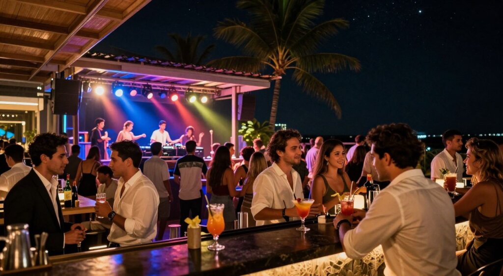 A vibrant nightlife scene in Seminyak, showcasing a unique clubbing experience. In the foreground, a stylishly designed open-air bar area with patrons enjoying creatively crafted cocktails, dressed in professional business attire and modest casual clothing. In the middle ground, colorful LED lights illuminate a dance floor filled with energetic party-goers moving to an upbeat DJ set. The background features a tropical setting with palm trees swaying gently, under a starry night sky. Warm, atmospheric lighting casts a welcoming glow throughout the scene, creating an enticing and lively mood. The image captures the essence of Seminyak’s dynamic club culture, emphasizing the blend of sophistication and playfulness in a social gathering, with a focus on ambiance and enjoyment.