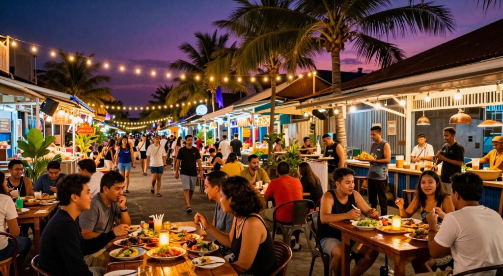 A vibrant nighttime scene of Seminyak's Eat Street bustling with energy, showcasing a variety of outdoor dining spots. In the foreground, tables adorned with colorful dishes and flickering candlelight, with patrons enjoying their meals in casual, modest attire. The middle ground features a lively street with cheerful customers walking, illuminated by strings of fairy lights hanging overhead. Waiters serve food and drinks, while a street musician plays nearby, adding to the ambiance. In the background, palm trees frame the scene against a deepening twilight sky, reflecting a mix of warm oranges and purples. The image captures a festive, inviting atmosphere, reminiscent of an exotic night market, shot with a wide-angle lens to emphasize the liveliness and warmth of this popular dining destination.
