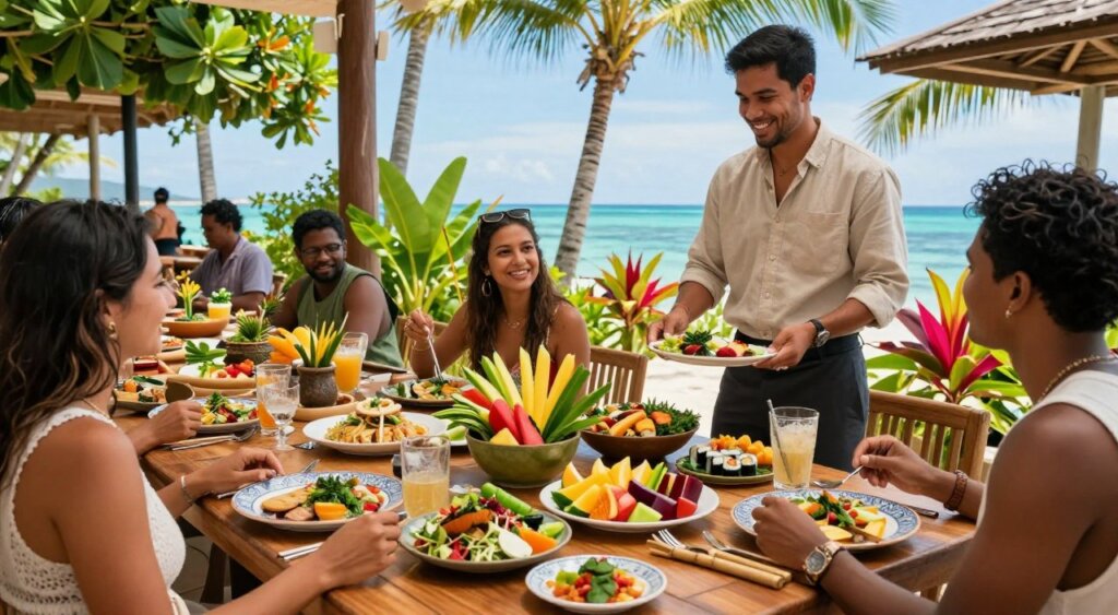 A vibrant outdoor dining scene at a vegan restaurant on Gili Air, showcasing a beautifully arranged table with an array of colorful plant-based dishes, such as fresh salads, vegan sushi, and exotic tropical fruits. In the foreground, the table is set with intricate tableware and bamboo utensils, while a smiling server, dressed in modest yet stylish casual attire, interacts with guests. In the middle ground, lush greenery and tropical flowers create a lively atmosphere, with locals and travelers enjoying their meals together. The background features a bright blue sky and the turquoise waters of the island, with palm trees swaying gently in the breeze. The scene is illuminated by warm, natural lighting, creating a welcoming, cheerful mood reminiscent of a sunlit paradise.