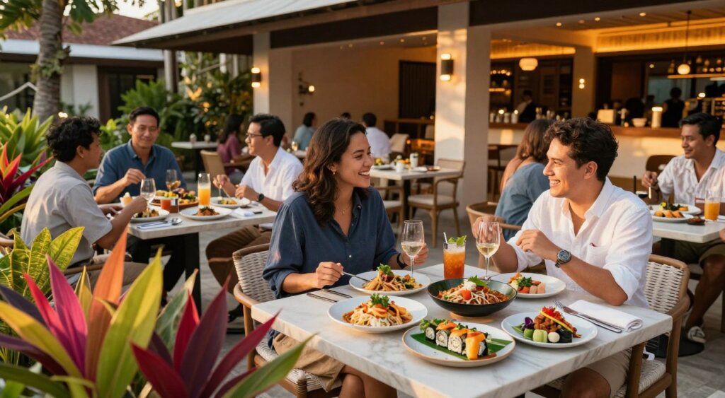 A vibrant outdoor dining scene in Seminyak featuring an array of beautifully presented international dishes. In the foreground, an elegantly set table with diverse cuisines such as sushi, pasta, and traditional Balinese food, surrounded by colorful tropical plants. The middle ground captures diners enjoying their meals, dressed in smart casual clothing, laughing and engaging in conversation. In the background, stylish restaurant architecture with warm, ambient lighting, enhancing the inviting atmosphere of the upscale locale. The scene is bathed in the soft golden light of sunset, casting gentle shadows and creating a relaxed, welcoming mood. The composition is captured from a slightly elevated angle to provide a comprehensive view of the dining experience, reminiscent of a professional photojournalism style.
