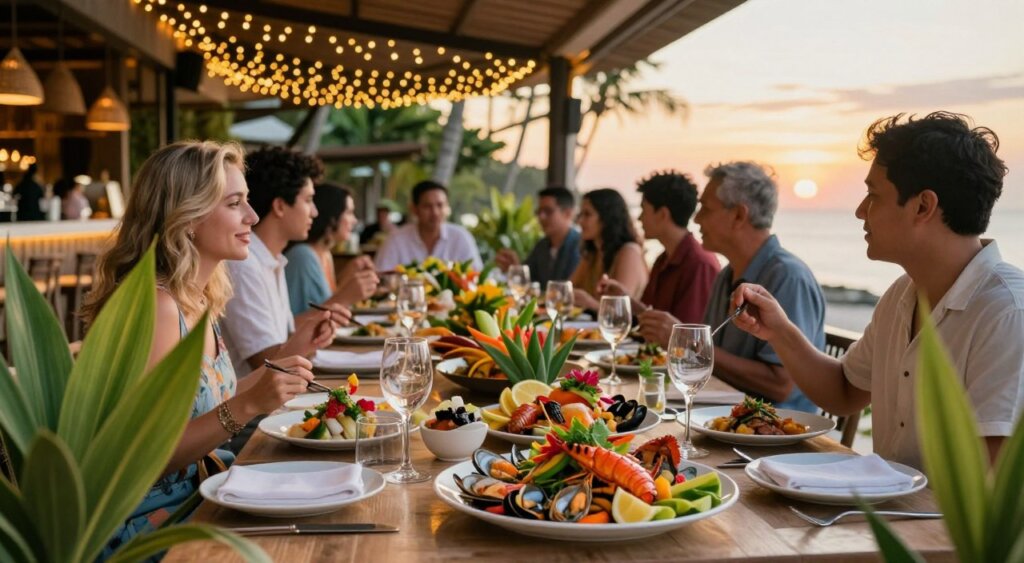 A vibrant outdoor dining scene set in one of the best restaurants in Seminyak, showcasing a beautifully arranged table with colorful tropical dishes and elegant tableware. In the foreground, focus on a plate of bright, fresh seafood and local delicacies, surrounded by lush green tropical plants. In the middle ground, capture diners in modest casual attire enjoying their meals, with expressions of delight and conversation. The background features stylish restaurant decor with warm ambient lighting, twinkling fairy lights above, and a stunning sunset casting a golden hue across the scene. Use a shallow depth of field to create intimacy, evoking a relaxed yet upscale atmosphere perfect for a memorable dinner experience. A vibrant outdoor dining scene set in one of the best restaurants in Seminyak, showcasing a beautifully arranged table with colorful tropical dishes and elegant tableware. In the foreground, focus on a plate of bright, fresh seafood and local delicacies, surrounded by lush green tropical plants. In the middle ground, capture diners in modest casual attire enjoying their meals, with expressions of delight and conversation. The background features stylish restaurant decor with warm ambient lighting, twinkling fairy lights above, and a stunning sunset casting a golden hue across the scene. Use a shallow depth of field to create intimacy, evoking a relaxed yet upscale atmosphere perfect for a memorable dinner experience.
