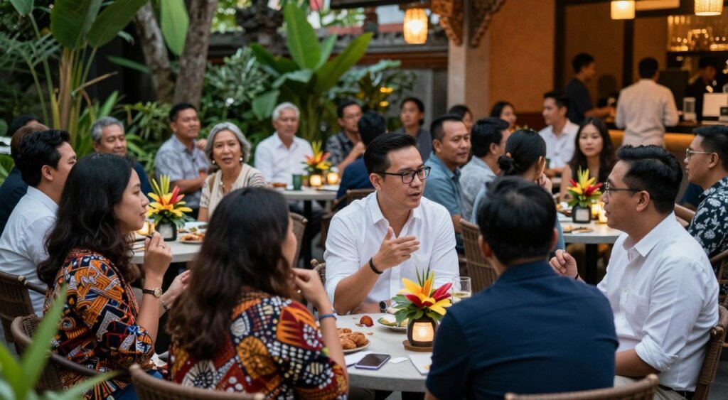 A vibrant outdoor scene capturing a diverse group of Bali expats engaging in lively conversation at a networking event. In the foreground, a few individuals dressed in smart casual attire, including a woman with a colorful batik shirt and a man in a crisp white button-down, are animatedly sharing ideas while holding drinks. The middle ground features a diverse mix of people seated at tables adorned with tropical flowers and lanterns, all set against lush greenery typical of Bali. The background showcases a beautiful Balinese architectural element, softly illuminated by warm evening light, creating a welcoming atmosphere. The image is captured with a wide-angle lens to encompass the bustling social interaction, ensuring a natural and inviting mood reminiscent of community and collaborative spirit.