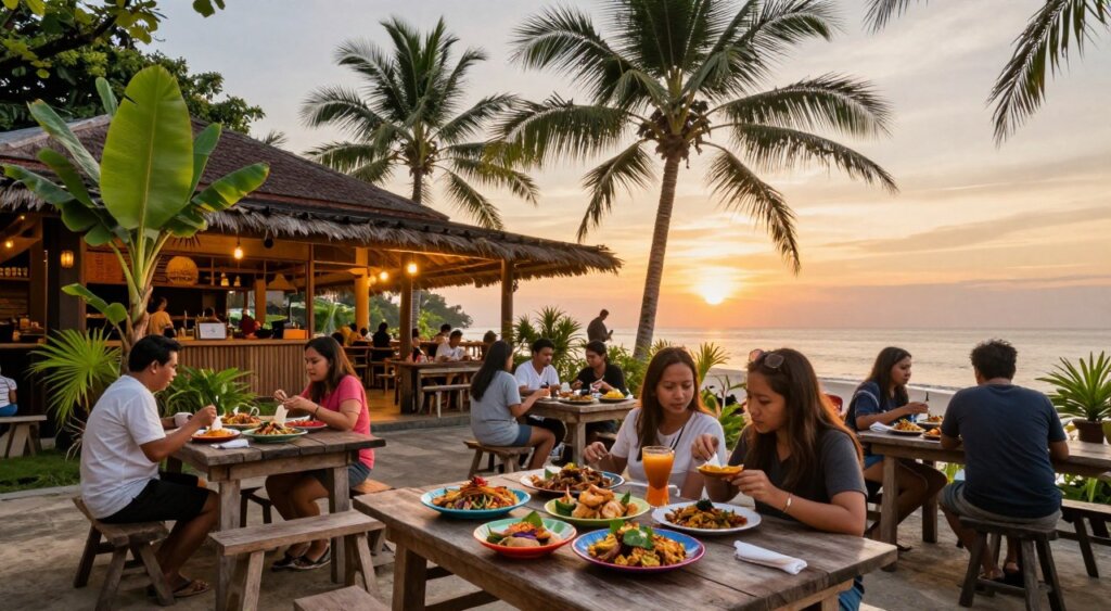 A vibrant outdoor scene showcasing popular food spots in Seminyak, Indonesia. The foreground features rustic wooden tables set with colorful plates of traditional Balinese dishes, surrounded by patrons enjoying their meals in a lively atmosphere. In the middle ground, charming restaurants with open-air seating and lush tropical plants create a welcoming ambiance. The background highlights a picturesque sunset over the horizon, casting warm golden hues, while palm trees sway gently in the breeze. Use natural, soft lighting to enhance the inviting scene, captured with a medium-angle lens for depth. The overall mood is warm, welcoming, and filled with a sense of community, representative of Seminyak's culinary scene.