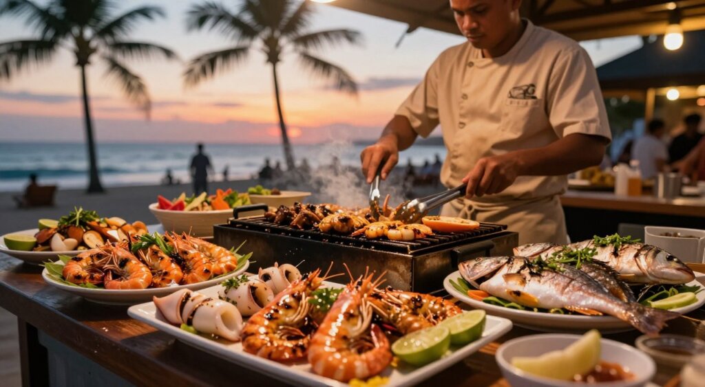 A vibrant outdoor seafood grill setup in Seminyak, showcasing an array of fresh seafood delicacies. In the foreground, a beautifully arranged platter of grilled prawns, squid, and fresh fish garnished with herbs and lime, glistening under warm golden lighting. In the middle, a sizzling grill surrounded by a chef in modest casual clothing, expertly flipping the seafood with a pair of tongs, creating a dynamic atmosphere. The background features a lively Seminyak beach scene at sunset, with palm trees silhouetted against a colorful sky. The image captures the essence of the coastal ambiance, evoking a sense of indulgence and culinary adventure in a relaxed tropical setting. The composition is framed with a shallow depth of field, allowing the seafood to be the central focus, with soft bokeh rendering the background elements.