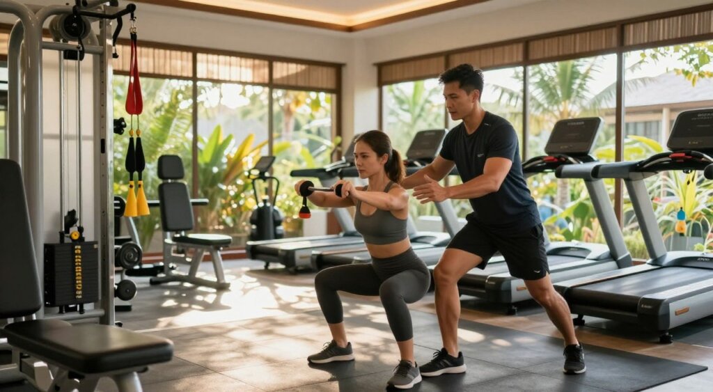 A vibrant personal training session set in a stylish, modern gym in Seminyak. In the foreground, a certified personal trainer, dressed in professional athletic wear, is demonstrating a strength training exercise with a focused female client using free weights. The middle ground features various workout equipment, such as resistance bands and treadmills, highlighting a well-equipped facility. In the background, large windows let in warm, natural light, revealing a glimpse of lush tropical foliage outside, creating an inviting atmosphere. Soft shadows and bright highlights enhance the lively environment, reflecting a mood of motivation and empowerment. The composition captures an engaging moment that emphasizes the personal connection between trainer and client, showcasing the essence of personal training in Seminyak.