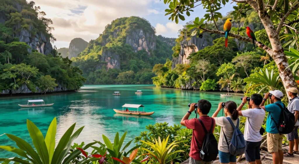 A vibrant, picturesque scene depicting wildlife watching in Raja Ampat, showcasing a lush tropical landscape filled with diverse flora and fauna. In the foreground, a small group of individuals in modest casual clothing, equipped with binoculars and cameras, intently observing colorful birds perched on branches. In the middle ground, a serene turquoise lagoon dotted with traditional wooden canoes, reflecting the crystal-clear skies above. The background features dramatic limestone cliffs and lush green forests under soft, golden morning light, creating a tranquil yet vibrant atmosphere. Capture this moment with a wide-angle lens to emphasize the breathtaking scenery, highlighting the vibrant colors and textures typical of this Indonesian paradise.