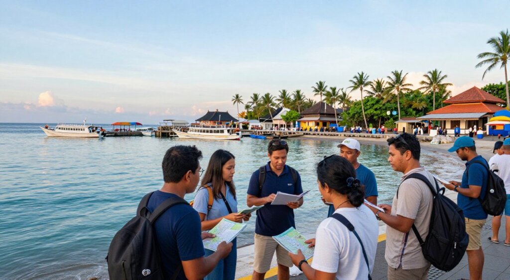 A vibrant, professional photojournalism-style image focusing on Sanur Port in Bali during early morning light, capturing the essence of travel tips for visitors. In the foreground, a diverse group of travelers in modest casual attire is discussing their plans, holding travel guides and maps, reflecting excitement. The middle ground features the port's bustling activity, with boats gently bobbing in the turquoise waters and locals loading goods. In the background, lush palm trees and traditional Balinese architecture frame the scene, under a clear sky with soft pastel hues from the rising sun. The image should evoke a warm, inviting atmosphere, highlighting the port as a gateway to adventure. Use a wide-angle lens to encapsulate the lively environment, ensuring clarity and focus on the travelers’ interactions.