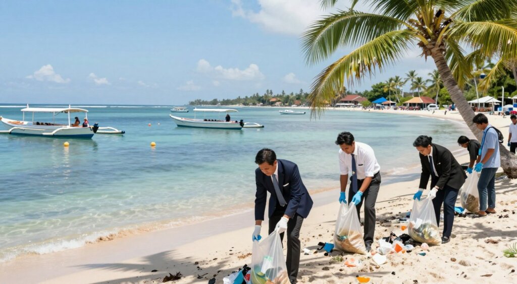 A vibrant scene at Sanur Harbour, Bali, showcasing cleanliness initiatives. In the foreground, several individuals in professional business attire engage in beach clean-up activities, picking up litter with reusable bags and wearing gloves. Their expressions reflect determination and teamwork. The middle ground features a sparkling clear waterfront with boats gently bobbing, reflecting the clean blue sky. Lush tropical palm trees are visible, promoting a sense of environmental harmony. In the background, the iconic Sanur coastline stretches under a bright, inviting sun, casting soft shadows. The image should capture a sense of community commitment to environmental stewardship, with a light breeze giving life to the scene. The composition has a slightly elevated angle to provide a panoramic view, enhancing the overall atmosphere of cleanliness and collaboration.
