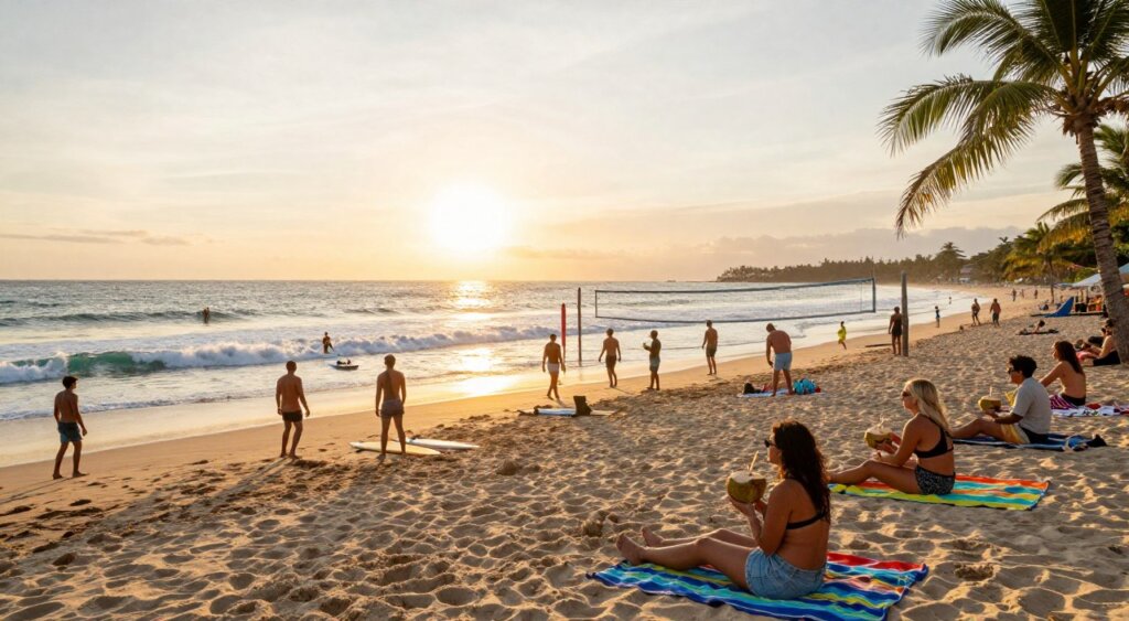 A vibrant scene at Seminyak Beach, showcasing various beach activities. In the foreground, a diverse group of people in modest casual clothing enjoys the sun and sand—some are playing beach volleyball, while others are relaxing on colorful beach towels and sipping coconut drinks. The middle ground features surfers riding gentle waves, with surfboards dotted along the shoreline. In the background, the sun sets, casting a warm golden light over the ocean, creating a breathtaking reflection on the water. Lush palm trees line the beach, enhancing the tropical atmosphere. Use a wide-angle lens to capture the expansive beach scene, with a bright, cheerful mood that evokes relaxation and enjoyment in this beautiful destination.