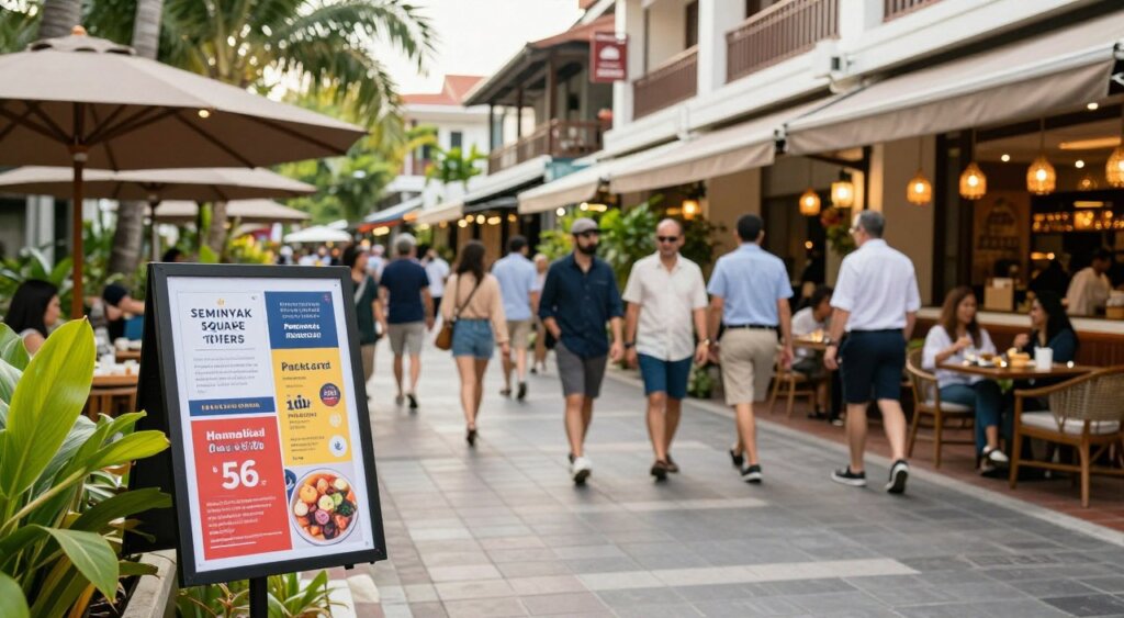 A vibrant scene at Seminyak Square, showcasing a collection of enticing special offers. In the foreground, a stylish brochure stand displays colorful flyers featuring discounted rates and packages for the Seminyak Square Hotel and Villas. To the middle, a throughway bustling with visitors, elegantly dressed in casual business attire, exploring local shops and eateries. The background features the iconic architecture of Seminyak Square, with sun-soaked outdoor seating areas and lush tropical greenery. Soft, natural lighting captures the relaxed yet lively atmosphere, while a slight lens vignette enhances focus on the brochure stand. The image evokes a sense of warmth and excitement, highlighting the appealing offers available to travelers.