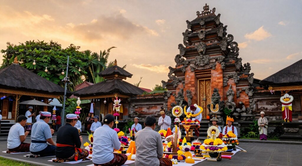 A vibrant scene at a Seminyak temple during a cultural ritual, showcasing traditional Balinese offerings and intricate decorations. In the foreground, devotees dressed in modest traditional attire engage in prayer and meditation, surrounded by beautifully crafted flower arrangements and incense. The middle ground captures the temple's ornate architecture, with stone carvings and a backdrop of lush green foliage. In the background, the sky is painted in warm hues of sunset, casting a soft golden glow over the scene. The atmosphere is serene and spiritual, evoking a sense of peace and deep cultural connection. Taken with a wide-angle lens, this photojournalism-style image captures the essence of Bali's rich cultural practices in high detail and clarity. A vibrant scene at a Seminyak temple during a cultural ritual, showcasing traditional Balinese offerings and intricate decorations. In the foreground, devotees dressed in modest traditional attire engage in prayer and meditation, surrounded by beautifully crafted flower arrangements and incense. The middle ground captures the temple's ornate architecture, with stone carvings and a backdrop of lush green foliage. In the background, the sky is painted in warm hues of sunset, casting a soft golden glow over the scene. The atmosphere is serene and spiritual, evoking a sense of peace and deep cultural connection. Taken with a wide-angle lens, this photojournalism-style image captures the essence of Bali's rich cultural practices in high detail and clarity.