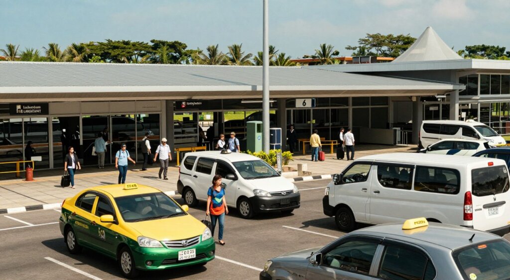 A vibrant scene capturing Lombok International Airport as a transportation hub, showcasing various vehicles like taxis, shuttles, and ride-sharing cars in the foreground, bustling with activity. In the middle ground, highlight travelers with professional attire or modest casual clothing, navigating their way through the airport's arrivals area, some with luggage in hand. The background features the modern architecture of the airport, accented by lush tropical scenery and a clear blue sky. The image is illuminated by natural sunlight, creating a warm and inviting atmosphere. Capture the scene from a slightly elevated angle to provide depth, reminiscent of professional photojournalism in National Geographic style, emphasizing realism and detail.