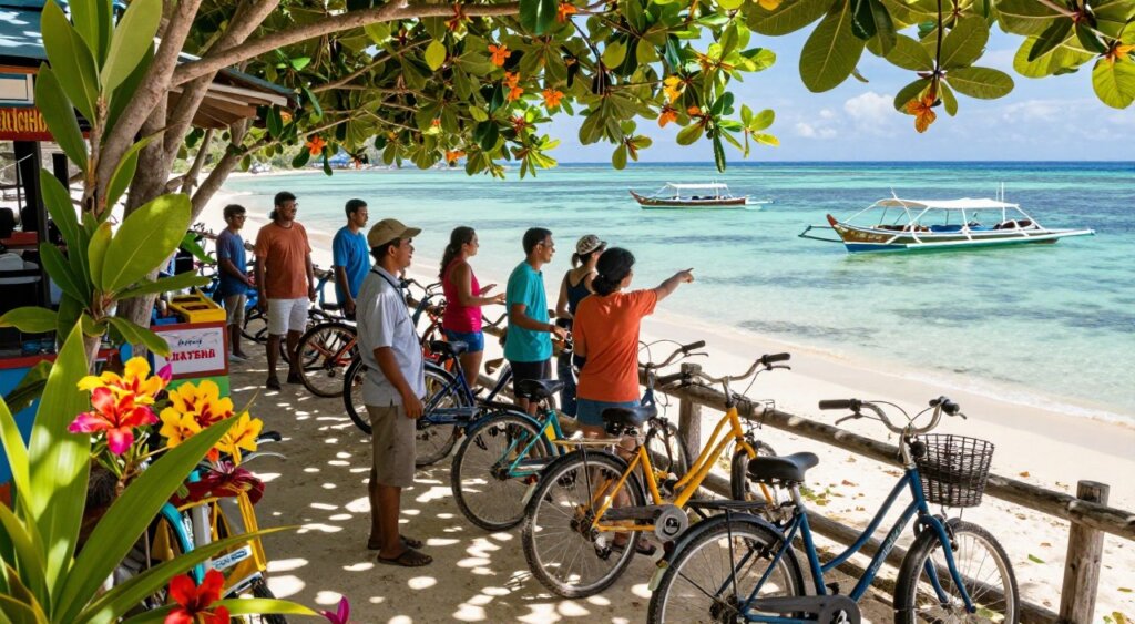 A vibrant scene capturing a bike rental shop on the Gili Islands, surrounded by lush tropical foliage and colorful flowers. In the foreground, a row of well-maintained bicycles with different colors, leaning against a rustic wooden fence. The middle ground features a friendly staff member in casual attire assisting a group of diverse tourists, all smiling and pointing at the bicycles. In the background, the crystal-clear water of the beach sparkles under the warm sunlight, with traditional wooden boats gently bobbing on the waves. The atmosphere is lively and inviting, reflecting the adventurous spirit of the Gili Islands. The image should be bright, with natural lighting enhancing the vibrant colors, simulating a sunny day. Capture this from a slightly elevated angle to encompass the entire scene.