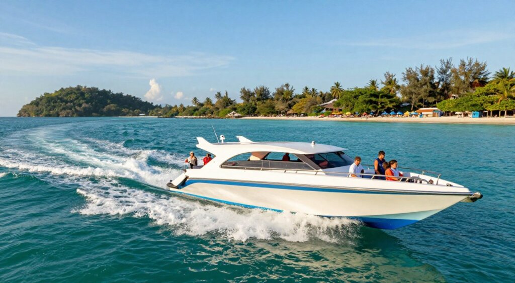 A vibrant scene capturing a fast boat navigating through the turquoise waters of the Gili Islands. In the foreground, show the sleek, modern boat bustling with tourists in modest casual attire, enjoying the ride. The middle ground features gentle waves creating splashes against the boat’s hull, while distant islands with lush greenery and beach umbrellas emerge in the background under a bright blue sky. The lighting is warm and inviting, suggesting a sunny day. The camera angle is slightly low to emphasize the dynamic movement of the boat against the serene landscape, evoking a sense of adventure and excitement in reaching the beautiful Gili Islands. A vibrant scene capturing a fast boat navigating through the turquoise waters of the Gili Islands. In the foreground, show the sleek, modern boat bustling with tourists in modest casual attire, enjoying the ride. The middle ground features gentle waves creating splashes against the boat’s hull, while distant islands with lush greenery and beach umbrellas emerge in the background under a bright blue sky. The lighting is warm and inviting, suggesting a sunny day. The camera angle is slightly low to emphasize the dynamic movement of the boat against the serene landscape, evoking a sense of adventure and excitement in reaching the beautiful Gili Islands.