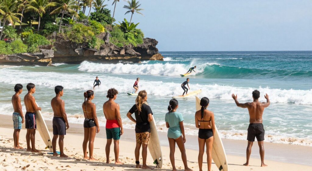 A vibrant scene capturing a surf lesson in Lombok, Indonesia. In the foreground, a diverse group of beginners wearing modest swim and beach attire stands on a pristine beach with their surfboards underarm, listening attentively to an experienced instructor demonstrating techniques. The middle ground features gently rolling waves, perfect for surfing, with a few learners taking their first rides, their expressions mixed with excitement and concentration. The background showcases lush green cliffs and palm trees against a clear blue sky, adding to the tropical ambiance. The sunlight bathes the scene in a warm glow, highlighting the splashes of water as surfers engage with the waves. The image should have a natural, candid feel, emulating the quality of a National Geographic photograph, focusing on the joy and empowerment of learning to surf.