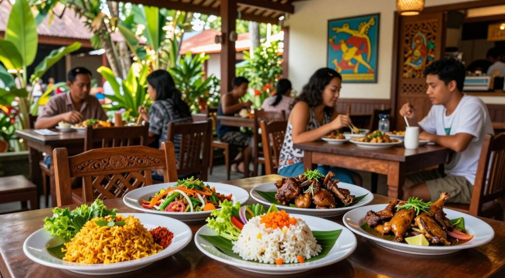 A vibrant scene capturing a traditional Balinese restaurant in Sanur, showcasing an array of authentic Balinese cuisine. In the foreground, beautifully arranged plates of Nasi Goreng and Babi Guling, garnished with fresh herbs and colorful spices. The middle ground features a cozy dining area with wooden furniture, intricately carved Balinese details, and diners enjoying their meals in humble, modest clothing. In the background, lush greenery and tropical plants frame the restaurant, with glimpses of vibrant local art on the walls, enhancing the cultural vibe. The lighting is warm and inviting, suggesting a late afternoon ambiance, with sunlight filtering through the leaves. The overall mood is cheerful and relaxed, capturing the essence of culinary influences in Balinese culture, rendered in high-resolution detail that reflects National Geographic's professional standards.
