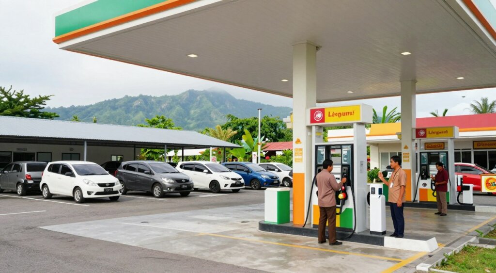 A vibrant scene capturing fuel stations and parking areas in Lombok, Indonesia. In the foreground, a clean, well-maintained petrol station with colorful signage and friendly attendants dressed in modest uniforms, emphasizing a welcoming atmosphere. The middle ground features a variety of parked rental cars under shaded areas, showcasing different models to indicate a diverse car hire option. In the background, picturesque views of Lombok's lush greenery and distant mountains, bathed in soft, natural daylight to create a bright and inviting mood. The composition should evoke a sense of exploration and convenience, with a focus on the practicality of fuel and parking in this tropical setting. Use a slight wide-angle lens effect to capture the full landscape.