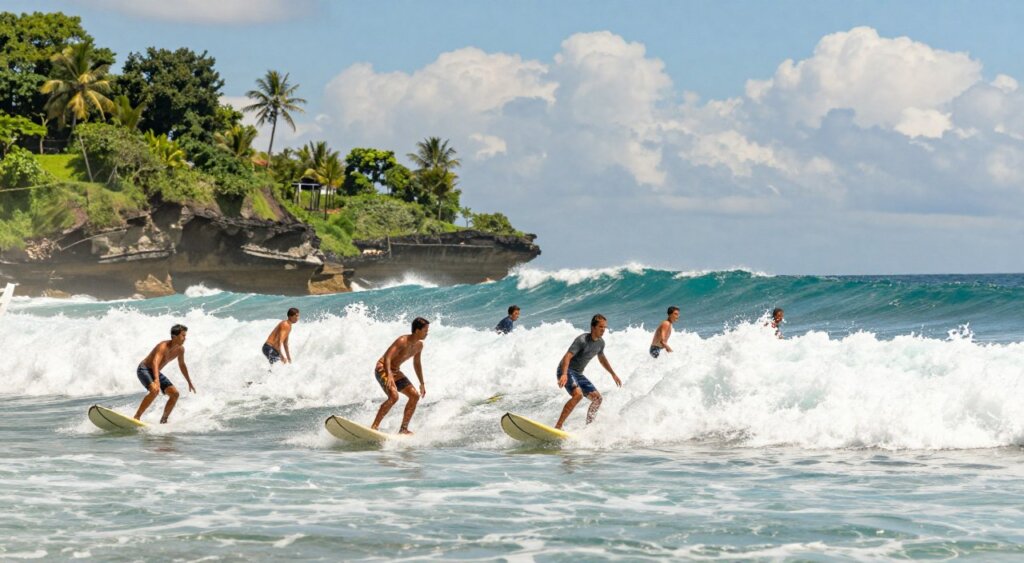 A vibrant scene capturing surfers riding the iconic waves of Indonesia during the dry season. In the foreground, a diverse group of surfers, wearing modest casual swim attire, skillfully maneuvers on their boards, showcasing dynamic poses against the powerful ocean swells. The middle ground features glistening turquoise water as it crashes with frothy white surf, highlighting the thrill of the sport. In the background, lush green cliffs and palm trees frame the coastline under a radiant blue sky dotted with fluffy white clouds, creating a serene yet exhilarating atmosphere. Warm sunlight bathes the entire scene, enhancing colors and details, with a medium lens perspective that draws the viewer into this idyllic tropical setting.
