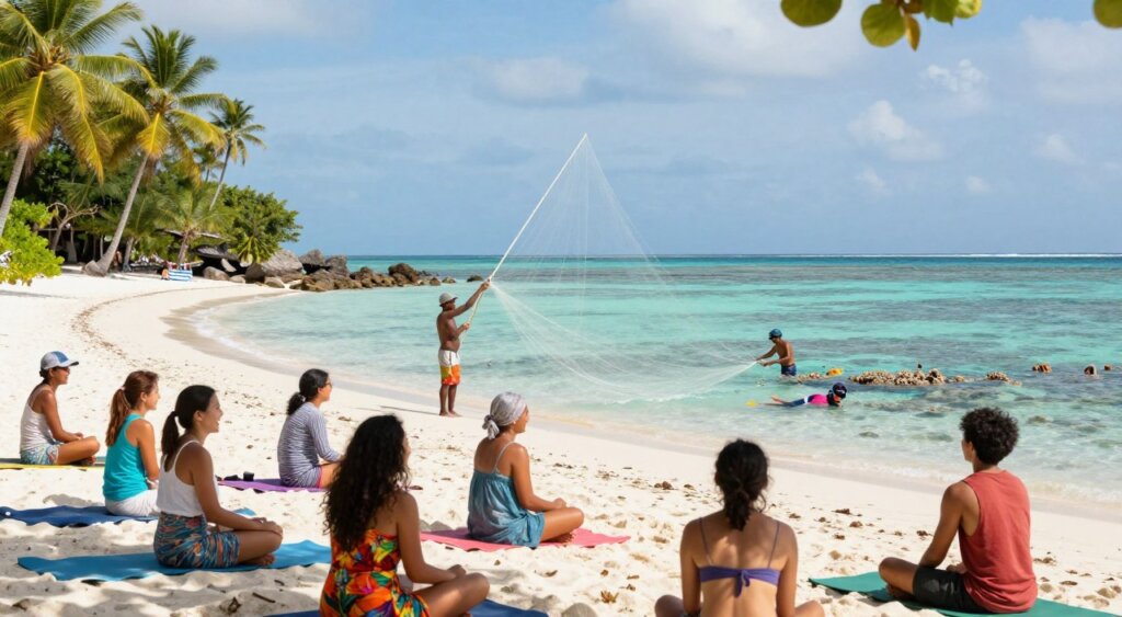 A vibrant scene capturing the diverse activities on Gili Islands, showcasing a variety of experiences. In the foreground, a group of friends, casually dressed in colorful attire, laughs while participating in a yoga session on a pristine beach. In the middle ground, a local fisherman skillfully casts his net into the crystal-clear waters, while others enjoy snorkeling amidst coral reefs, with tropical fish visible below the surface. In the background, lush palm trees sway gently in the breeze against a bright blue sky. Soft, warm sunlight filters through, creating a peaceful atmosphere reminiscent of a tropical paradise. The image should have a wide-angle perspective, emphasizing the natural beauty and joyful spirit of Gili Islands. A vibrant scene capturing the diverse activities on Gili Islands, showcasing a variety of experiences. In the foreground, a group of friends, casually dressed in colorful attire, laughs while participating in a yoga session on a pristine beach. In the middle ground, a local fisherman skillfully casts his net into the crystal-clear waters, while others enjoy snorkeling amidst coral reefs, with tropical fish visible below the surface. In the background, lush palm trees sway gently in the breeze against a bright blue sky. Soft, warm sunlight filters through, creating a peaceful atmosphere reminiscent of a tropical paradise. The image should have a wide-angle perspective, emphasizing the natural beauty and joyful spirit of Gili Islands.