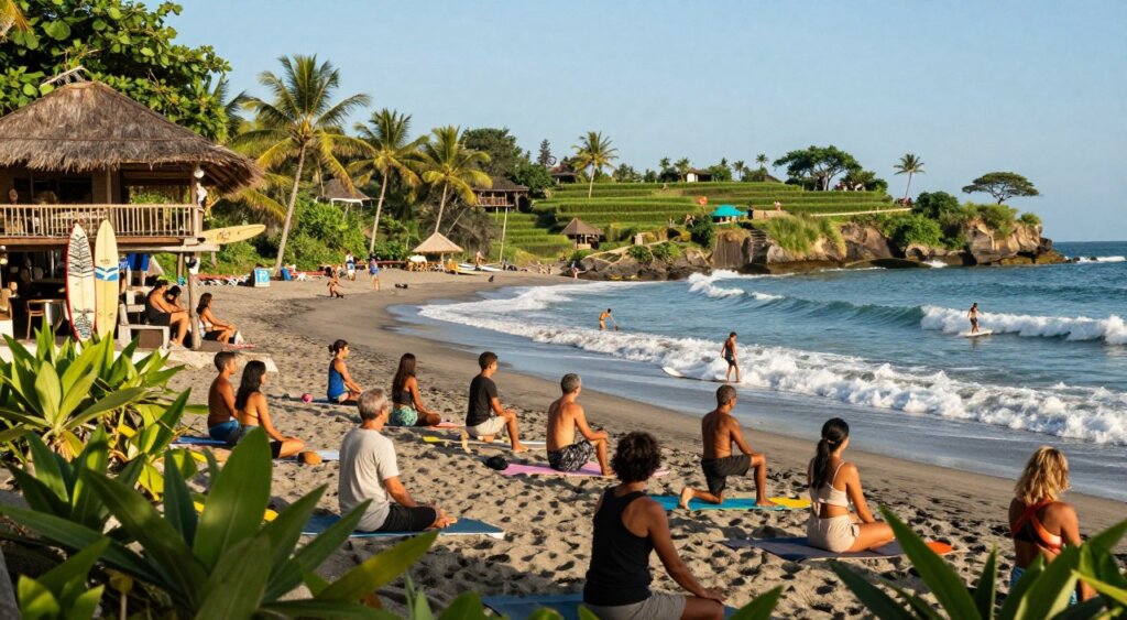 A vibrant scene capturing the dynamic activities and lifestyle in Canggu, Bali. In the foreground, a diverse group of people in modest, casual clothing are enjoying a yoga session on a sun-drenched beach, surrounded by lush greenery. In the middle ground, surfers skillfully riding waves, showcasing the active beach culture. A rustic beachfront café with local art and surfboards displayed invites passersby. The background features the iconic Canggu rice fields under a clear blue sky, with palm trees swaying gently in the breeze. The lighting is warm and inviting, evoking a relaxed, cheerful atmosphere, shot with a wide-angle lens to capture the expansive beauty of the area. The image conveys a sense of community, wellness, and adventure typical of the Canggu lifestyle.