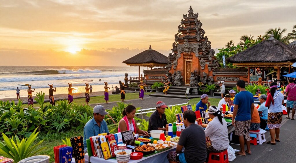 A vibrant scene capturing the essence of Canggu's cultural attractions. The foreground highlights a lively traditional Balinese market with colorful stalls selling handcrafted souvenirs and local delicacies. Vendors, dressed in modest casual clothing, interact with visitors, adding to the scene's energy. In the middle ground, a beautiful temple adorned with intricate carvings and lush greenery stands majestically, while locals participate in a cultural dance, showcasing the area’s rich heritage. The background features the iconic Canggu coastline with gentle waves and surfers, framed by a golden sunset that casts a warm, inviting glow over the entire scene. Capture this moment in vivid colors, using a wide-angle lens to emphasize depth and detail, ensuring a professional, National Geographic quality in the lighting and composition.