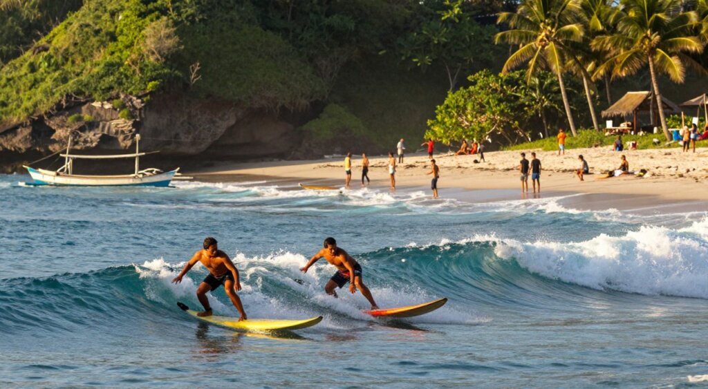 A vibrant scene capturing the essence of Lombok's surfing culture. In the foreground, skilled surfers animatedly ride the ocean waves, showcasing their skills on colorful surfboards. The middle ground features the pristine sandy beach dotted with small groups of surfers and beachgoers in modest casual clothing, enjoying the sun and the surf. Surrounded by lush green cliffs, the serene blue ocean glistens under the warm, golden light of a setting sun, casting dramatic shadows and highlighting the waves. In the background, traditional fishing boats gently bob on the water, and palm trees sway in the breeze, enhancing the tropical atmosphere. The overall mood is lively and adventurous, a perfect invitation to the exhilarating world of Lombok surfing.