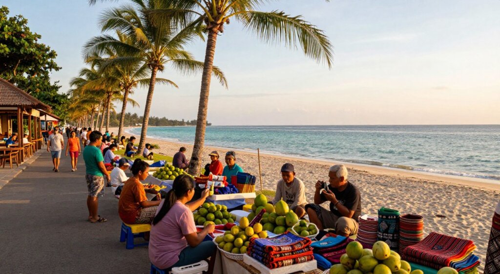 A vibrant scene capturing the essence of Sanur, Indonesia, showcasing local markets and attractions from a seaside accommodation perspective. In the foreground, colorful market stalls filled with fresh fruits, handmade crafts, and traditional Balinese textiles, while friendly local vendors engage with tourists in modest casual clothing. The middle ground features a picturesque beachfront promenade lined with palm trees and cafés, where families enjoy the warm sun. In the background, the serene turquoise waters of the Bali coastline merges with the horizon, painting a tranquil sky at sunset, casting a warm golden glow over the scene. Use a wide-angle lens to enhance depth, and soft, natural lighting to evoke a welcoming, relaxed atmosphere reminiscent of photojournalistic storytelling. A vibrant scene capturing the essence of Sanur, Indonesia, showcasing local markets and attractions from a seaside accommodation perspective. In the foreground, colorful market stalls filled with fresh fruits, handmade crafts, and traditional Balinese textiles, while friendly local vendors engage with tourists in modest casual clothing. The middle ground features a picturesque beachfront promenade lined with palm trees and cafés, where families enjoy the warm sun. In the background, the serene turquoise waters of the Bali coastline merges with the horizon, painting a tranquil sky at sunset, casting a warm golden glow over the scene. Use a wide-angle lens to enhance depth, and soft, natural lighting to evoke a welcoming, relaxed atmosphere reminiscent of photojournalistic storytelling.