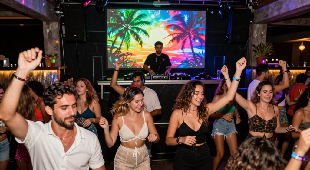 A vibrant scene capturing the essence of Seminyak's nightlife, focused on various club atmospheres showcasing different music genres. In the foreground, a lively crowd dressed in stylish, modest evening attire is dancing joyfully under colorful disco lights. In the middle, a DJ booth surrounded by electronic music equipment, pulsating with energy, while behind it, a vibrant visual display reflects the genre being played—perhaps tropical house with palm trees and exotic visuals or deep house with a darker, more atmospheric backdrop. The background features beautifully designed club interiors with shimmering bar areas, showcasing tropical cocktails and patrons mingling. The ambiance is electric, with soft, dynamic lighting enhancing the mood, shot at a low angle to evoke excitement and energy. High-resolution, capturing every detail for a National Geographic quality feel.