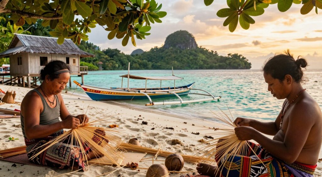 A vibrant scene capturing the essence of local community life in Raja Ampat, showcasing villagers engaged in traditional cultural practices. In the foreground, two locals in modest, colorful clothing are weaving intricate handicrafts from natural materials, their faces reflecting concentration and pride. The middle ground features a beautifully crafted traditional wooden boat moored near a small stilted house, with lush tropical greenery framing the scene. In the background, the stunning turquoise waters of the sea contrast with the deep greens of the surrounding islands, under a warm, golden sunset. The atmosphere is serene and inviting, with soft, natural lighting highlighting the textures and colors of the environment. The image should emphasize the harmony between the people and their surroundings, evoking a sense of community and cultural richness.