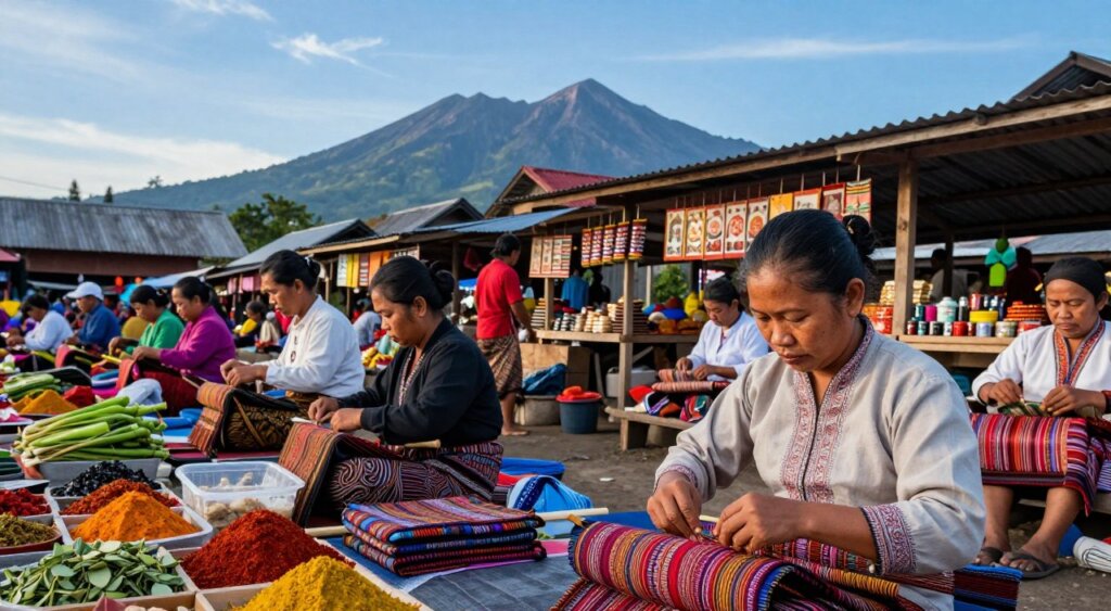 A vibrant scene capturing the essence of local culture in Lombok, featuring a market bustling with activity. In the foreground, artisans in modest traditional attire skillfully weave intricate sarongs, their faces expressing concentration and pride. The middle ground showcases wooden stalls brimming with colorful local produce, spices, and handcrafted souvenirs, highlighting the rich heritage of the area. In the background, the stunning silhouette of Mount Rinjani rises against a clear blue sky, adding depth and context to the scene. Soft, natural lighting brings warmth to the atmosphere, creating a lively yet inviting mood. The camera angle is slightly elevated, providing a comprehensive view of the market while emphasizing the cultural exchange taking place. This image reflects the spirit of community and the vibrant lifestyle of the Lombok region. A vibrant scene capturing the essence of local culture in Lombok, featuring a market bustling with activity. In the foreground, artisans in modest traditional attire skillfully weave intricate sarongs, their faces expressing concentration and pride. The middle ground showcases wooden stalls brimming with colorful local produce, spices, and handcrafted souvenirs, highlighting the rich heritage of the area. In the background, the stunning silhouette of Mount Rinjani rises against a clear blue sky, adding depth and context to the scene. Soft, natural lighting brings warmth to the atmosphere, creating a lively yet inviting mood. The camera angle is slightly elevated, providing a comprehensive view of the market while emphasizing the cultural exchange taking place. This image reflects the spirit of community and the vibrant lifestyle of the Lombok region.