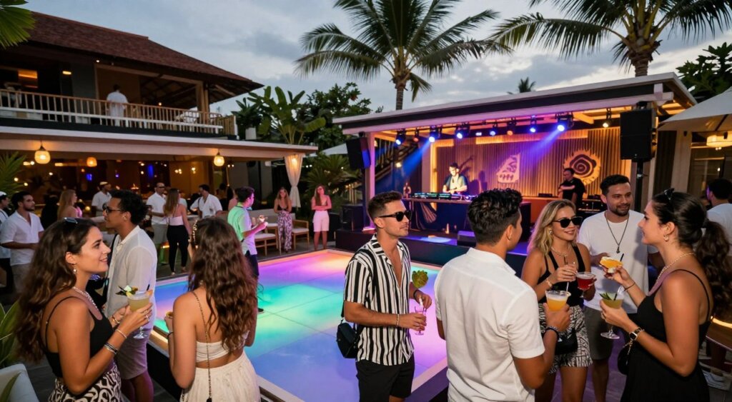 A vibrant scene capturing the essence of renowned nightclubs in Seminyak, Bali. In the foreground, stylishly dressed patrons enjoy cocktails and engage in lively conversation, wearing smart casual attire. The middle ground features a pulsating dance floor illuminated by colorful LED lights, with a DJ performing on an elevated stage, creating an electric atmosphere. The backdrop reveals iconic club architecture with open-air seating options and chic decor, surrounded by palm trees gently swaying in the warm tropical breeze. The image is bathed in a soft, ambient glow, enhancing the lively yet sophisticated nightlife ambiance. Use a wide-angle lens for a dynamic perspective, capturing the energy and allure of Seminyak's nightlife scene.
