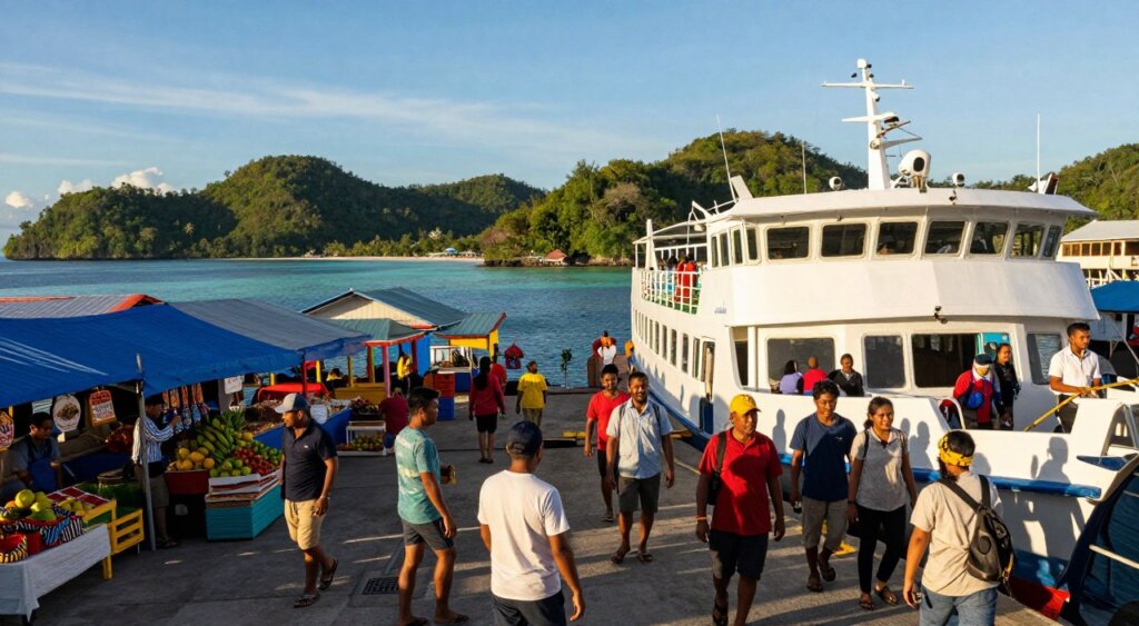 A vibrant scene capturing the moment of arriving in Sorong, Raja Ampat. In the foreground, a modern ferry boat is docked at a busy harbor, with passengers disembarking, their expressions filled with excitement and anticipation. A diverse group of travelers in modest casual clothing are visible, showcasing a range of backgrounds. The middle ground features the colorful local market with stalls selling tropical fruits and handmade crafts, inviting a sense of local culture. In the background, lush green hills frame the harbor and the serene turquoise waters of the bay, with a clear blue sky overhead. The golden light of late afternoon creates a warm, welcoming atmosphere, enhancing the sense of adventure in this pristine paradise. Capture the image from a slightly elevated angle to provide a comprehensive view of this bustling arrival point.