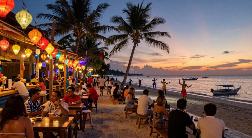 A vibrant scene capturing the nightlife in Gili Trawangan, Lombok, showcasing lively beach bars and restaurants filled with locals and tourists enjoying their evening. In the foreground, colorful lanterns hang overhead, casting a warm glow on groups of people socializing at wooden tables, dressed in casual summer attire. The middle ground features a bustling pathway lined with palm trees and lively street performers, while the background reveals a stunning sunset over the ocean, with silhouettes of boats gently bobbing in the waves. The atmosphere is festive and inviting, illuminated by soft, ambient lighting. Capture this scene with a wide-angle lens to include the full vibrancy of the location, emphasizing the energy and warmth of the night. A vibrant scene capturing the nightlife in Gili Trawangan, Lombok, showcasing lively beach bars and restaurants filled with locals and tourists enjoying their evening. In the foreground, colorful lanterns hang overhead, casting a warm glow on groups of people socializing at wooden tables, dressed in casual summer attire. The middle ground features a bustling pathway lined with palm trees and lively street performers, while the background reveals a stunning sunset over the ocean, with silhouettes of boats gently bobbing in the waves. The atmosphere is festive and inviting, illuminated by soft, ambient lighting. Capture this scene with a wide-angle lens to include the full vibrancy of the location, emphasizing the energy and warmth of the night.