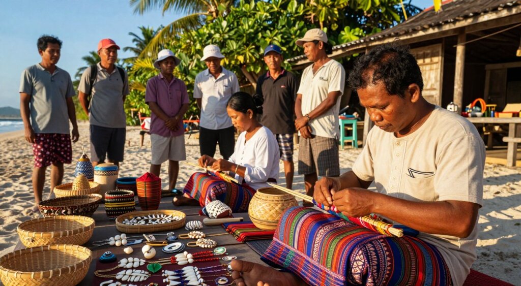 A vibrant scene capturing traditional crafts on the Gili Islands, showcasing skilled artisans at work. In the foreground, a local craftsman meticulously weaving colorful sarongs, surrounded by an array of handcrafted items like bamboo baskets and shell jewelry, each reflecting intricate patterns and textures. In the middle ground, several tourists observe and engage with the artisans, their expressions filled with curiosity and admiration, dressed in modest casual attire that blends with the cultural setting. The background features lush tropical greenery and rustic wooden stalls under a clear blue sky with soft, golden sunlight casting warm shadows. The mood is lively yet serene, embodying the essence of cultural experiences on the Gili Islands. The photo should be taken from a slightly elevated angle to encompass both the artisans and their creations in a dynamic composition, resembling the quality of National Geographic photojournalism. A vibrant scene capturing traditional crafts on the Gili Islands, showcasing skilled artisans at work. In the foreground, a local craftsman meticulously weaving colorful sarongs, surrounded by an array of handcrafted items like bamboo baskets and shell jewelry, each reflecting intricate patterns and textures. In the middle ground, several tourists observe and engage with the artisans, their expressions filled with curiosity and admiration, dressed in modest casual attire that blends with the cultural setting. The background features lush tropical greenery and rustic wooden stalls under a clear blue sky with soft, golden sunlight casting warm shadows. The mood is lively yet serene, embodying the essence of cultural experiences on the Gili Islands. The photo should be taken from a slightly elevated angle to encompass both the artisans and their creations in a dynamic composition, resembling the quality of National Geographic photojournalism.