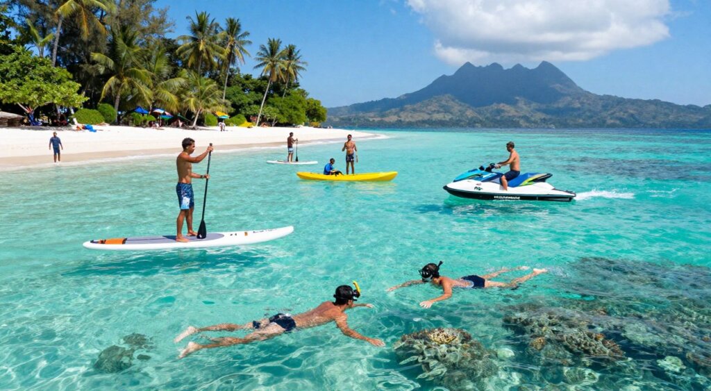 A vibrant scene capturing water sports on Gili Air, showcasing dynamic activities like paddleboarding and snorkeling in crystal-clear turquoise waters. In the foreground, a paddleboarder balances gracefully, while a couple in modest swimwear enjoys snorkeling nearby, revealing colorful coral reefs beneath the surface. In the middle ground, several water sports enthusiasts are engaged in activities, with a bright yellow kayak alongside a sleek jet ski zipping past. The background features lush tropical greenery lining the shore and the stunning silhouette of Lombok's mountains under a bright blue sky. The lighting is bright and natural, highlighting the sun-drenched beach atmosphere, with a hint of playful waves, evoking a sense of adventure and relaxation in a picturesque paradise. The composition utilizes a slightly elevated angle to capture the lively scene. A vibrant scene capturing water sports on Gili Air, showcasing dynamic activities like paddleboarding and snorkeling in crystal-clear turquoise waters. In the foreground, a paddleboarder balances gracefully, while a couple in modest swimwear enjoys snorkeling nearby, revealing colorful coral reefs beneath the surface. In the middle ground, several water sports enthusiasts are engaged in activities, with a bright yellow kayak alongside a sleek jet ski zipping past. The background features lush tropical greenery lining the shore and the stunning silhouette of Lombok's mountains under a bright blue sky. The lighting is bright and natural, highlighting the sun-drenched beach atmosphere, with a hint of playful waves, evoking a sense of adventure and relaxation in a picturesque paradise. The composition utilizes a slightly elevated angle to capture the lively scene.