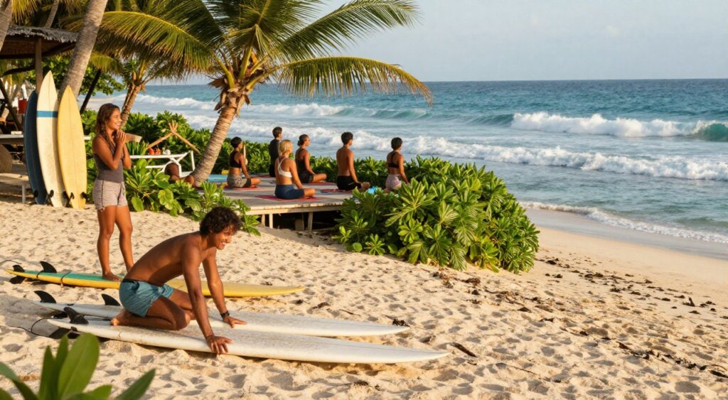 A vibrant scene depicting Lombok surf retreats activities, showcasing a group of people engaging in various outdoor adventures. In the foreground, a couple of surfers in modest casual clothing are preparing their boards on the sandy beach, smiling and laughing, exuding enthusiasm. In the middle ground, a small group of individuals is practicing yoga on a deck overlooking the ocean, surrounded by lush greenery, their poses reflecting tranquility. The background features the azure sea with gentle waves rolling toward the shore, framed by distant surfboards leaning against palm trees. The lighting is warm and golden, reminiscent of a late afternoon sun, casting soft shadows and enhancing the serene atmosphere. The overall mood is relaxed yet invigorating, capturing the essence of adventure and leisure in Lombok.