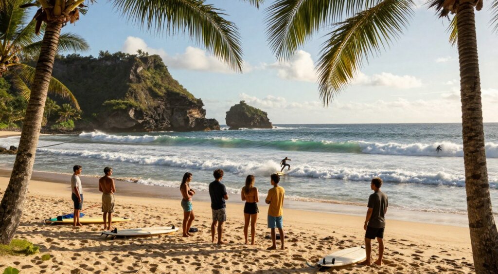 A vibrant scene depicting Lombok's lush coastline with surfers catching waves at a picturesque beach, framed by palm trees. In the foreground, a diverse group of surfers in modest casual attire, engaged in friendly conversation while preparing their boards. The middle ground showcases the rolling waves, glistening in the warm sunlight, with a couple of surfers expertly carving through the water. The background features the rugged cliffs of Lombok, silhouetted against a clear blue sky, with a few fluffy white clouds scattered above. The warm golden hour light casts long shadows, creating a peaceful and inviting atmosphere. The image should feel adventurous yet serene, capturing the essence of surf travel from Australia to Lombok in high-resolution detail, reminiscent of National Geographic quality photography.