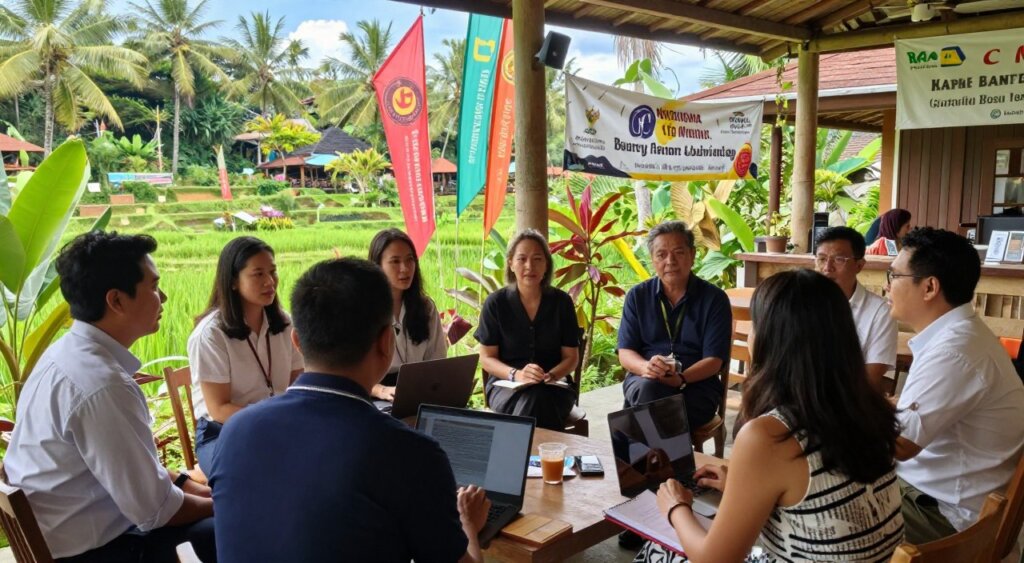 A vibrant scene depicting a Bali expat support network meeting in a cozy, outdoor community center surrounded by lush tropical greenery. In the foreground, a diverse group of 6 individuals, dressed in professional business attire and modest casual wear, engage in lively discussion, holding laptops and notebooks. A blend of both men and women of various ethnicities, ages ranging from late twenties to fifties, conveys an atmosphere of collaboration and community. In the middle ground, colorful flags and banners showcasing local businesses and resources can be seen hanging from bamboo structures. The background features iconic Bali scenery, with terraced rice fields and palm trees under a clear blue sky, enhancing the sense of place. Soft, natural lighting illuminates the scene, creating an inviting and warm atmosphere, reminiscent of a National Geographic photojournalism style.