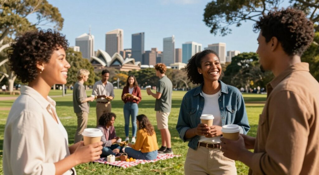 A vibrant scene depicting a diverse group of expats in a sunlit park in Australia, engaged in conversation and sharing experiences. In the foreground, two individuals of different ethnic backgrounds, dressed in smart casual attire, are sharing a laugh while holding coffee cups. In the middle ground, others are participating in group activities such as picnicking and playing games, symbolizing connection and camaraderie. The background features iconic Australian landmarks like the Sydney skyline or natural bushland under a clear blue sky, emphasizing the cultural diversity of the setting. The lighting is warm and inviting, capturing a friendly and inclusive atmosphere, conveyed through a shallow depth of field to highlight the engaging moments. The image evokes a sense of belonging and community among expats in a new country.