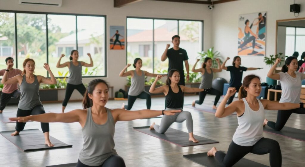 A vibrant scene depicting a diverse group of people engaged in community activities at Lombok Gym. In the foreground, a mixed-gender group participates in a high-energy fitness class, showcasing a variety of exercises, filled with enthusiasm and camaraderie. Some individuals are practicing yoga on mats, while others are lifting weights, all dressed in modest athletic clothing. In the middle ground, a motivational coach enthusiastically guides participants, fostering a sense of inclusion and support. The background features large windows that allow soft, natural light to illuminate the space, enhancing the lively atmosphere. The gym is decorated with fitness posters and greenery, creating an inviting environment. Capture this dynamic moment with a shallow depth of field to emphasize the participants’ expressions, conveying a sense of joy and community spirit.