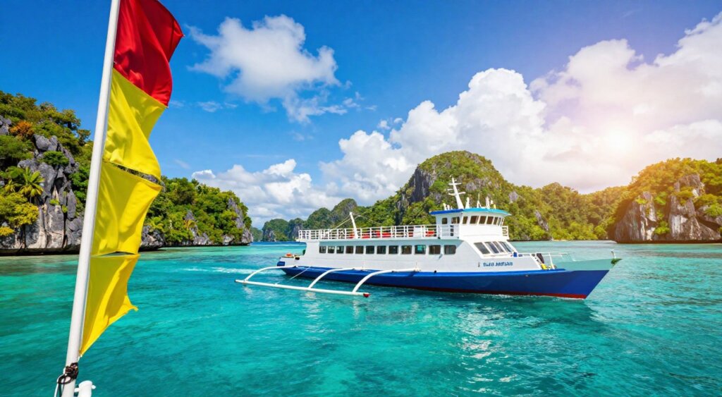 A vibrant scene depicting a ferry heading to the Raja Ampat Islands. In the foreground, the sleek ferry is illustrated with colorful banners fluttering in the wind, capturing the essence of adventure. The middle ground showcases crystal-clear turquoise waters, reflecting the stunning natural beauty of the region. Lush, green islands speckled with rocky cliffs are visible on the horizon. The background features a bright blue sky dotted with fluffy clouds, creating a cheerful atmosphere. The sunlight bathes the entire scene, enhancing the vivid colors and providing a warm glow. The photo is shot from a slightly elevated angle, giving a sense of movement and excitement while maintaining a professional photojournalism quality akin to National Geographic. A vibrant scene depicting a ferry heading to the Raja Ampat Islands. In the foreground, the sleek ferry is illustrated with colorful banners fluttering in the wind, capturing the essence of adventure. The middle ground showcases crystal-clear turquoise waters, reflecting the stunning natural beauty of the region. Lush, green islands speckled with rocky cliffs are visible on the horizon. The background features a bright blue sky dotted with fluffy clouds, creating a cheerful atmosphere. The sunlight bathes the entire scene, enhancing the vivid colors and providing a warm glow. The photo is shot from a slightly elevated angle, giving a sense of movement and excitement while maintaining a professional photojournalism quality akin to National Geographic.