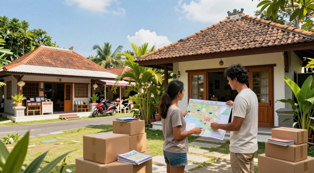 A vibrant scene depicting a scenic Canggu villa, focusing on key elements for relocation preparation. In the foreground, a couple dressed in modest casual attire examines a detailed map of Canggu, surrounded by essential moving items like boxes and travel guides. The middle ground features glimpses of local shops and lush greenery typical of Canggu, conveying a welcoming community vibe. In the background, traditional Balinese architecture provides a cultural touch, while clear blue skies illuminate the scene with warm, natural sunlight. Use a wide-angle perspective to capture the area’s natural beauty and create an inviting atmosphere, suitable for anyone considering a long-term rental in Canggu.