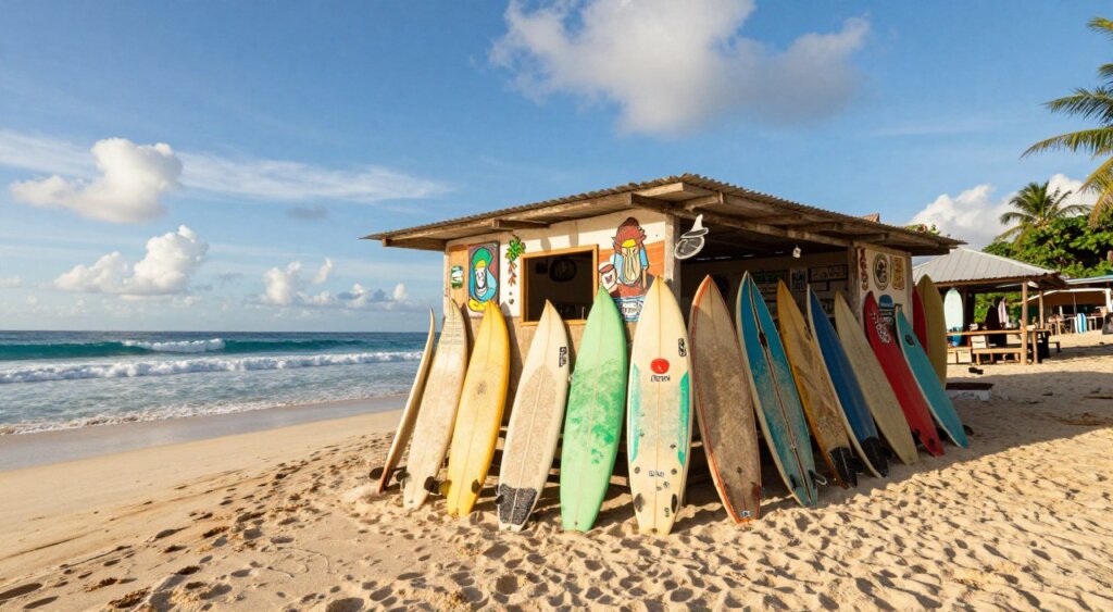 A vibrant scene depicting a selection of Lombok surf gear artfully arranged on a sandy beach. In the foreground, a variety of colorful surfboards with unique designs rest on the sand, showcasing brands associated with Lombok's surf culture. The middle ground features a rustic surf rental shack adorned with surf-related memorabilia, emphasizing the local surf community. In the background, gentle waves lap at the shore, with a serene blue sky above, scattered with fluffy white clouds, bathing the scene in golden sunlight. Use a wide-angle lens to capture the entire scene, highlighting depth and the inviting atmosphere. The mood should be relaxed and adventurous, evoking the thrill of surfing in Lombok's picturesque environment.