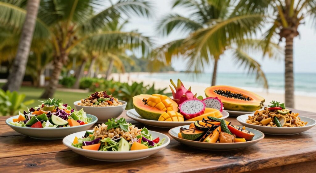 A vibrant scene depicting a selection of colorful vegetarian and vegan dishes, beautifully arranged on a rustic wooden table. In the foreground, showcase a variety of fresh salads, grain bowls, and grilled vegetables garnished with herbs. In the middle ground, feature an inviting platter with tropical fruits such as papaya, mango, and dragon fruit, creating a visually appealing contrast. The background should capture a tropical ambiance, with lush green palm trees and a hint of a sandy beach. Soft, warm natural lighting cascades over the scene, giving it a welcoming and serene mood. The perspective is slightly elevated, aiming to highlight the arrangement of the food in its beautiful environment, evoking a sense of healthy living and enjoyment.